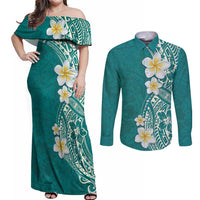 Plumeria Couples Matching Off Shoulder Maxi Dress and Long Sleeve Button Shirt Polynesian Tribal Frangipani Teal LT03 Teal - Polynesian Pride