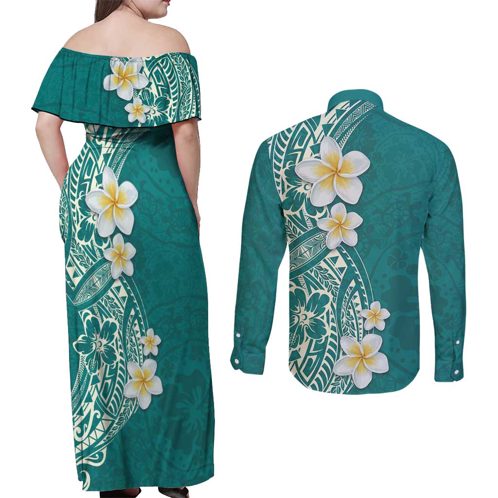 Plumeria Couples Matching Off Shoulder Maxi Dress and Long Sleeve Button Shirt Polynesian Tribal Frangipani Teal LT03 - Polynesian Pride