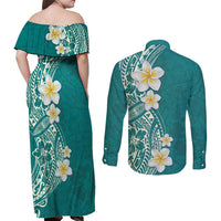 Plumeria Couples Matching Off Shoulder Maxi Dress and Long Sleeve Button Shirt Polynesian Tribal Frangipani Teal LT03 - Polynesian Pride