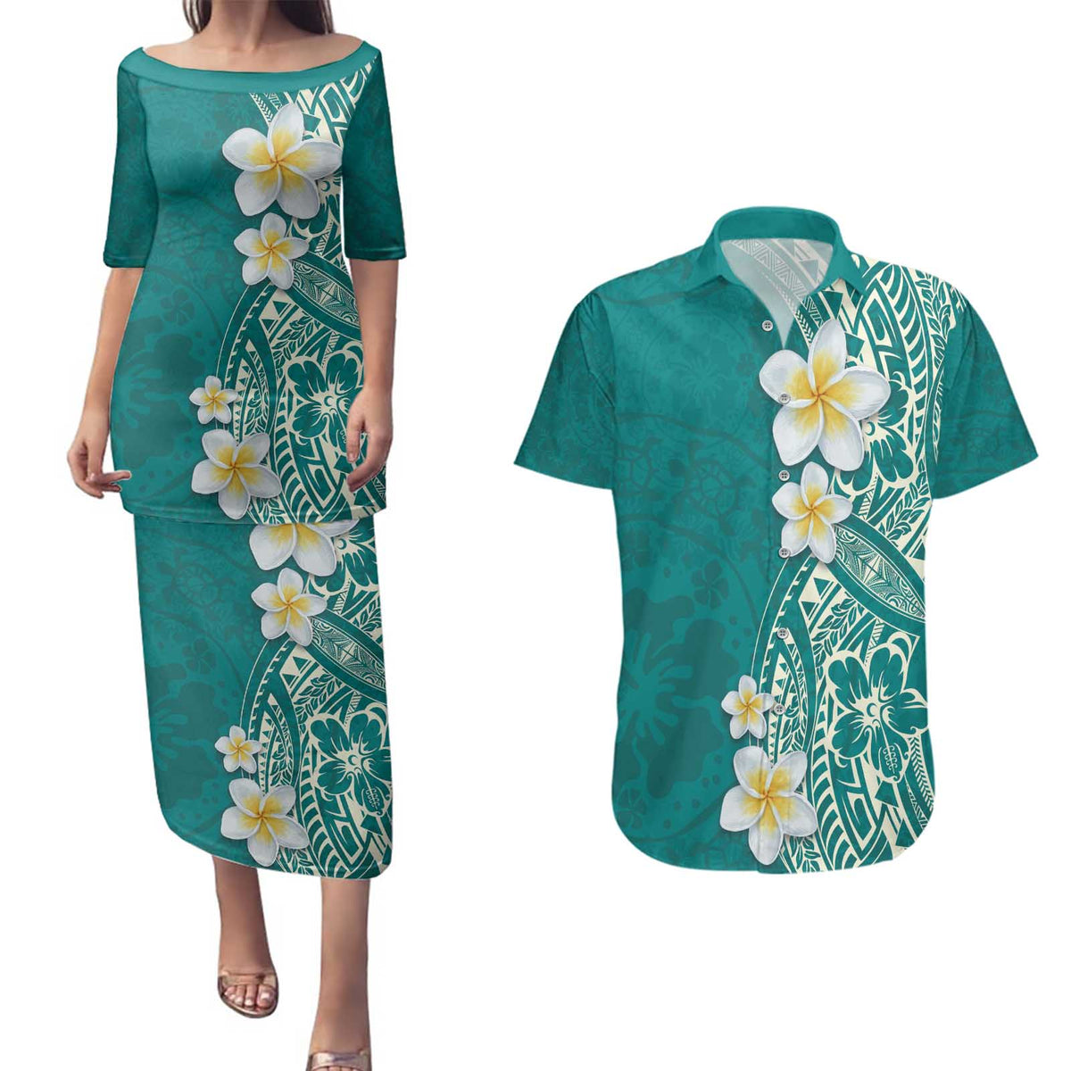Plumeria Couples Matching Puletasi and Hawaiian Shirt Polynesian Tribal Frangipani Teal