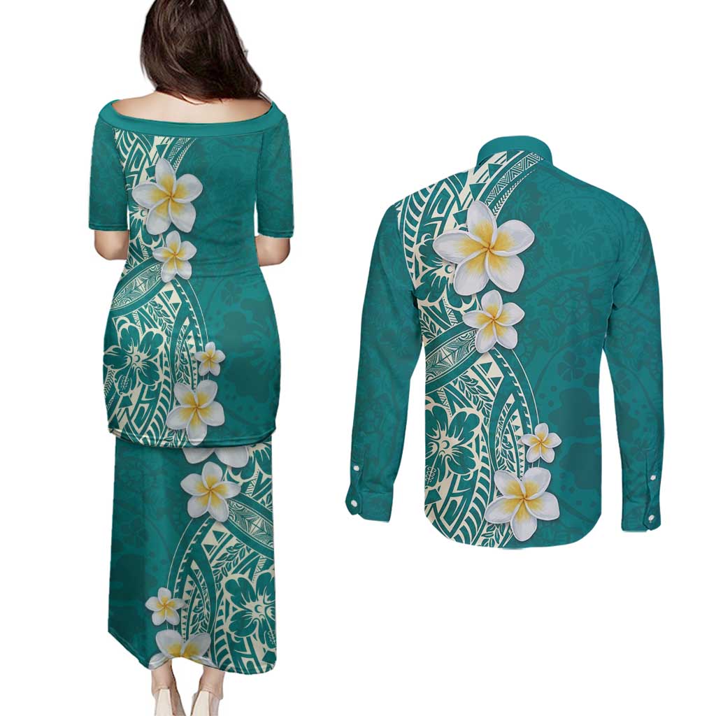 Plumeria Couples Matching Puletasi and Long Sleeve Button Shirt Polynesian Tribal Frangipani Teal