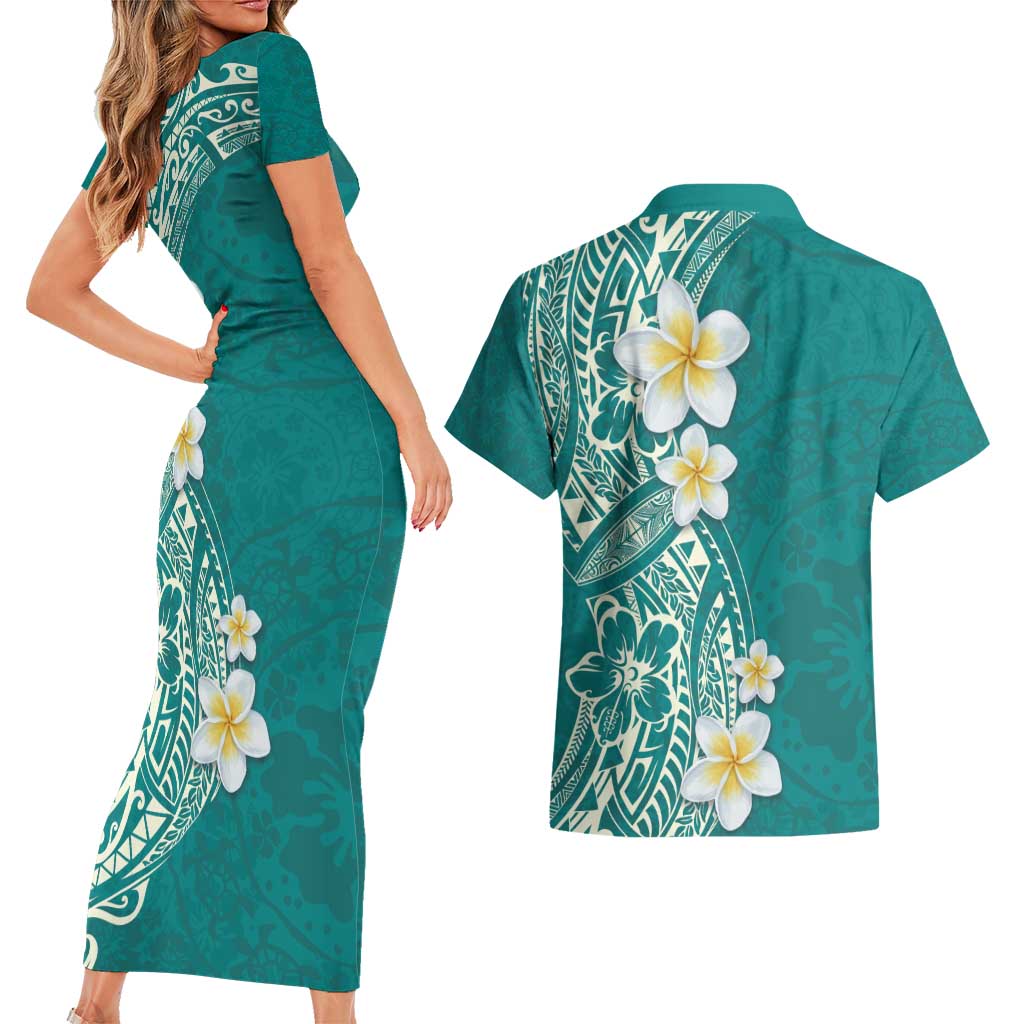 Plumeria Couples Matching Short Sleeve Bodycon Dress and Hawaiian Shirt Polynesian Tribal Frangipani Teal LT03 - Polynesian Pride