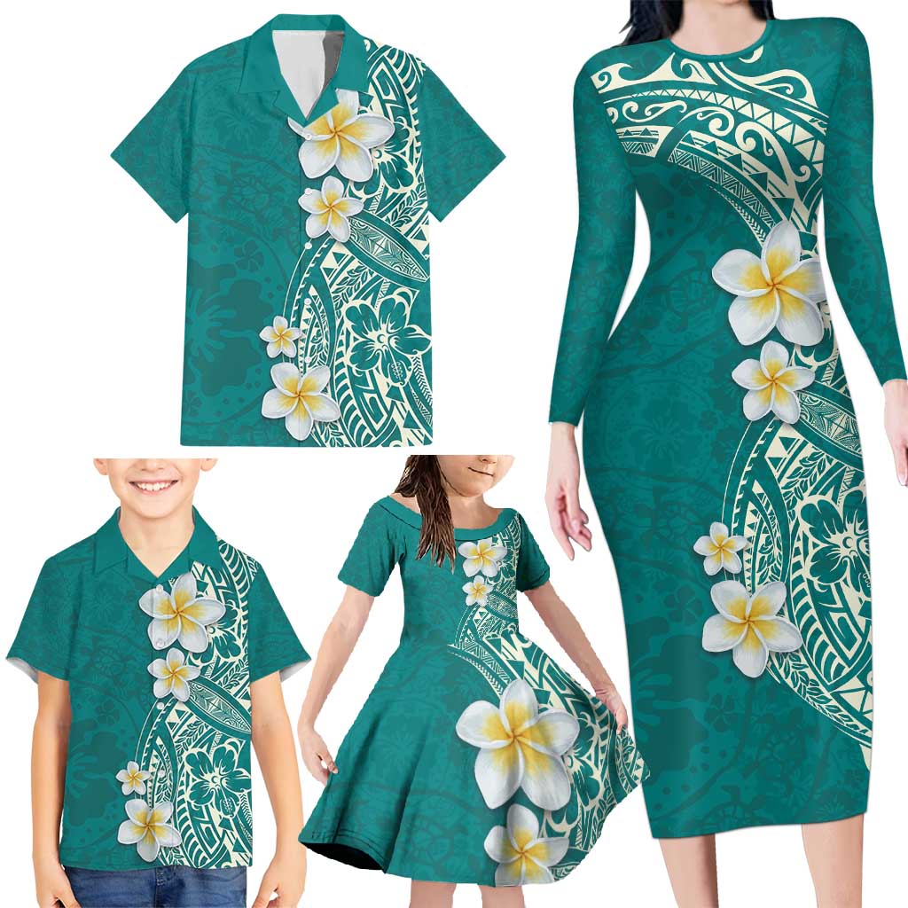 Plumeria Family Matching Long Sleeve Bodycon Dress and Hawaiian Shirt Polynesian Tribal Frangipani Teal LT03 - Polynesian Pride