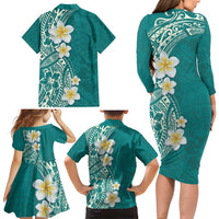 Plumeria Family Matching Long Sleeve Bodycon Dress and Hawaiian Shirt Polynesian Tribal Frangipani Teal LT03 - Polynesian Pride