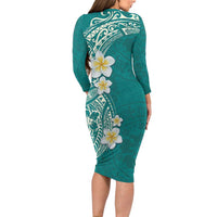 Plumeria Family Matching Long Sleeve Bodycon Dress and Hawaiian Shirt Polynesian Tribal Frangipani Teal LT03 - Polynesian Pride