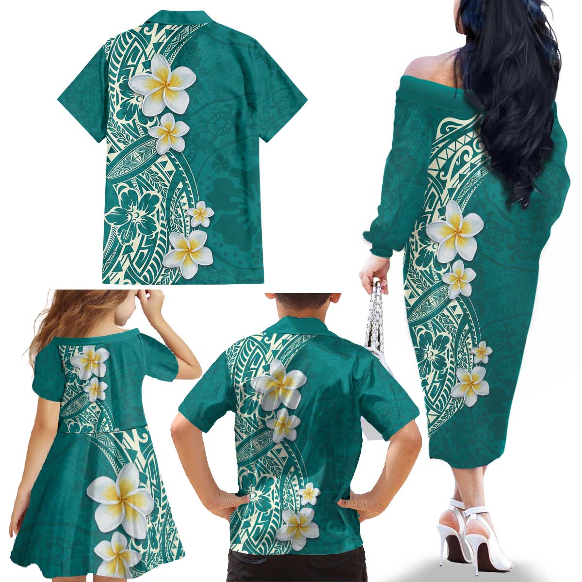 Plumeria Family Matching Off The Shoulder Long Sleeve Dress and Hawaiian Shirt Polynesian Tribal Frangipani Teal LT03 - Polynesian Pride