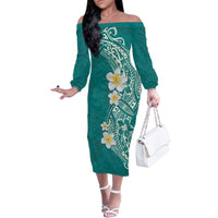 Plumeria Family Matching Off The Shoulder Long Sleeve Dress and Hawaiian Shirt Polynesian Tribal Frangipani Teal LT03 Mom's Dress Teal - Polynesian Pride