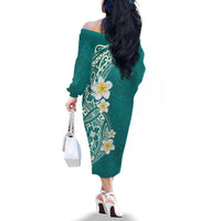 Plumeria Family Matching Off The Shoulder Long Sleeve Dress and Hawaiian Shirt Polynesian Tribal Frangipani Teal LT03 - Polynesian Pride
