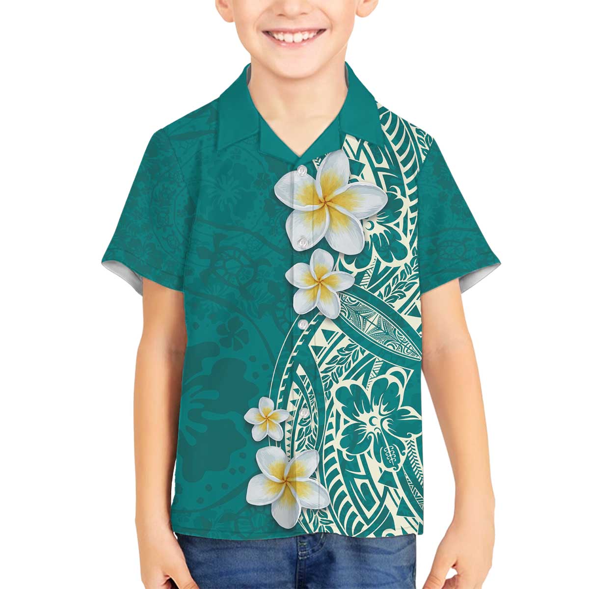 Plumeria Family Matching Off The Shoulder Long Sleeve Dress and Hawaiian Shirt Polynesian Tribal Frangipani Teal LT03 Son's Shirt Teal - Polynesian Pride