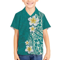 Plumeria Family Matching Off The Shoulder Long Sleeve Dress and Hawaiian Shirt Polynesian Tribal Frangipani Teal LT03 Son's Shirt Teal - Polynesian Pride