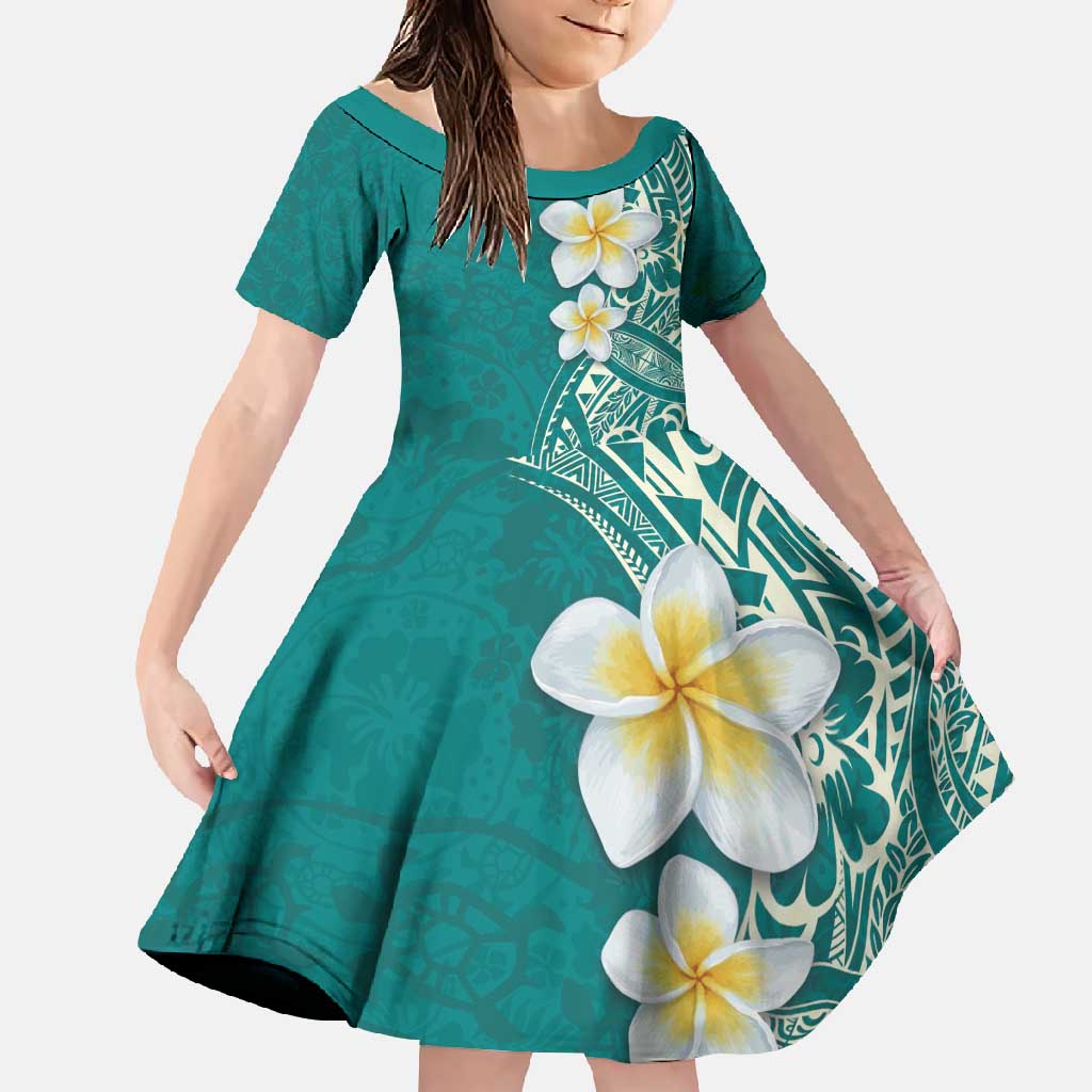 Plumeria Family Matching Off Shoulder Maxi Dress and Hawaiian Shirt Polynesian Tribal Frangipani Teal LT03 Daughter's Dress Teal - Polynesian Pride