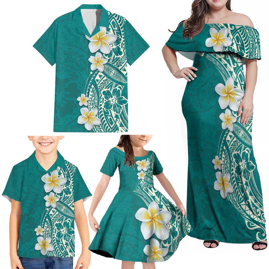 Plumeria Family Matching Off Shoulder Maxi Dress and Hawaiian Shirt Polynesian Tribal Frangipani Teal LT03 - Polynesian Pride