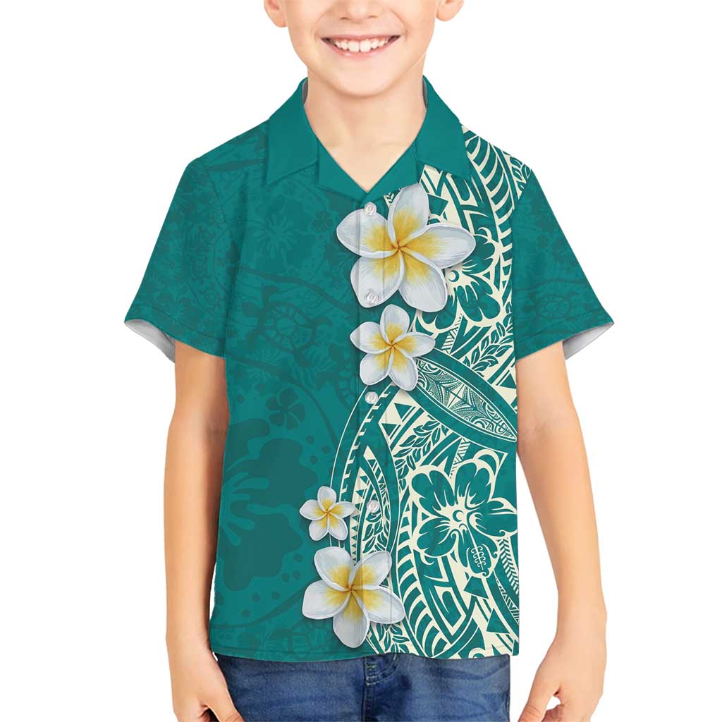 Plumeria Family Matching Off Shoulder Maxi Dress and Hawaiian Shirt Polynesian Tribal Frangipani Teal LT03 Son's Shirt Teal - Polynesian Pride