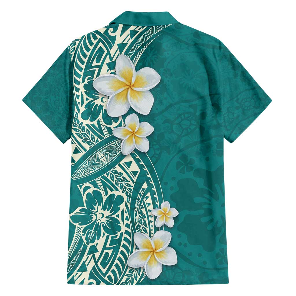 Plumeria Family Matching Off Shoulder Short Dress and Hawaiian Shirt Polynesian Tribal Frangipani Teal LT03 - Polynesian Pride