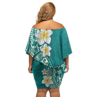 Plumeria Family Matching Off Shoulder Short Dress and Hawaiian Shirt Polynesian Tribal Frangipani Teal LT03 - Polynesian Pride
