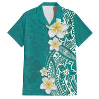 Plumeria Family Matching Puletasi and Hawaiian Shirt Polynesian Tribal Frangipani Teal LT03 Dad's Shirt - Short Sleeve Teal - Polynesian Pride