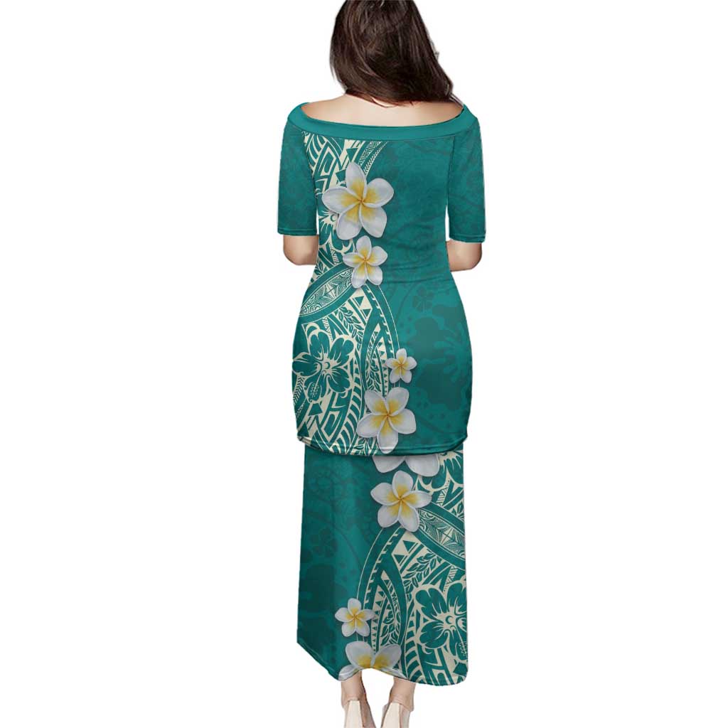 Plumeria Family Matching Puletasi and Hawaiian Shirt Polynesian Tribal Frangipani Teal LT03 - Polynesian Pride