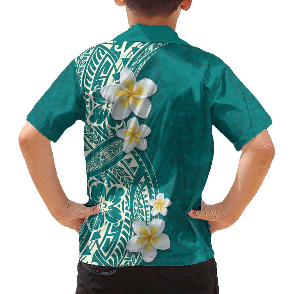 Plumeria Family Matching Short Sleeve Bodycon Dress and Hawaiian Shirt Polynesian Tribal Frangipani Teal LT03 - Polynesian Pride