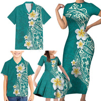 Plumeria Family Matching Short Sleeve Bodycon Dress and Hawaiian Shirt Polynesian Tribal Frangipani Teal LT03 - Polynesian Pride