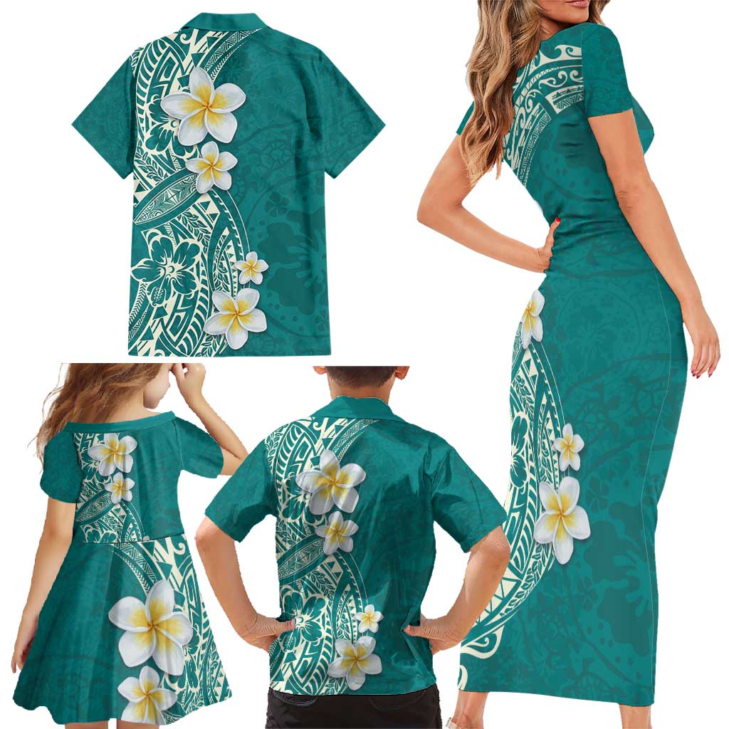 Plumeria Family Matching Short Sleeve Bodycon Dress and Hawaiian Shirt Polynesian Tribal Frangipani Teal LT03 - Polynesian Pride