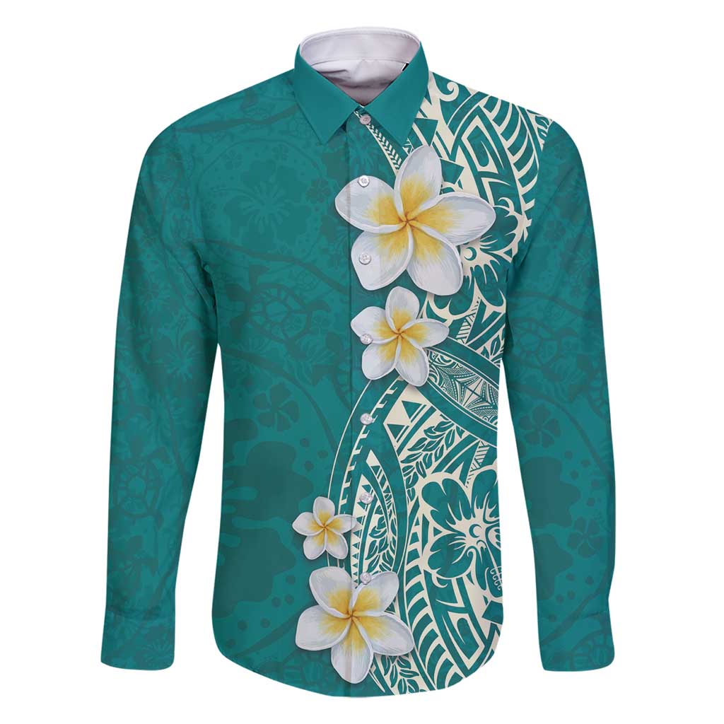 Plumeria Family Matching Summer Maxi Dress and Hawaiian Shirt Polynesian Tribal Frangipani Teal LT03 Dad's Shirt - Long Sleeve Teal - Polynesian Pride