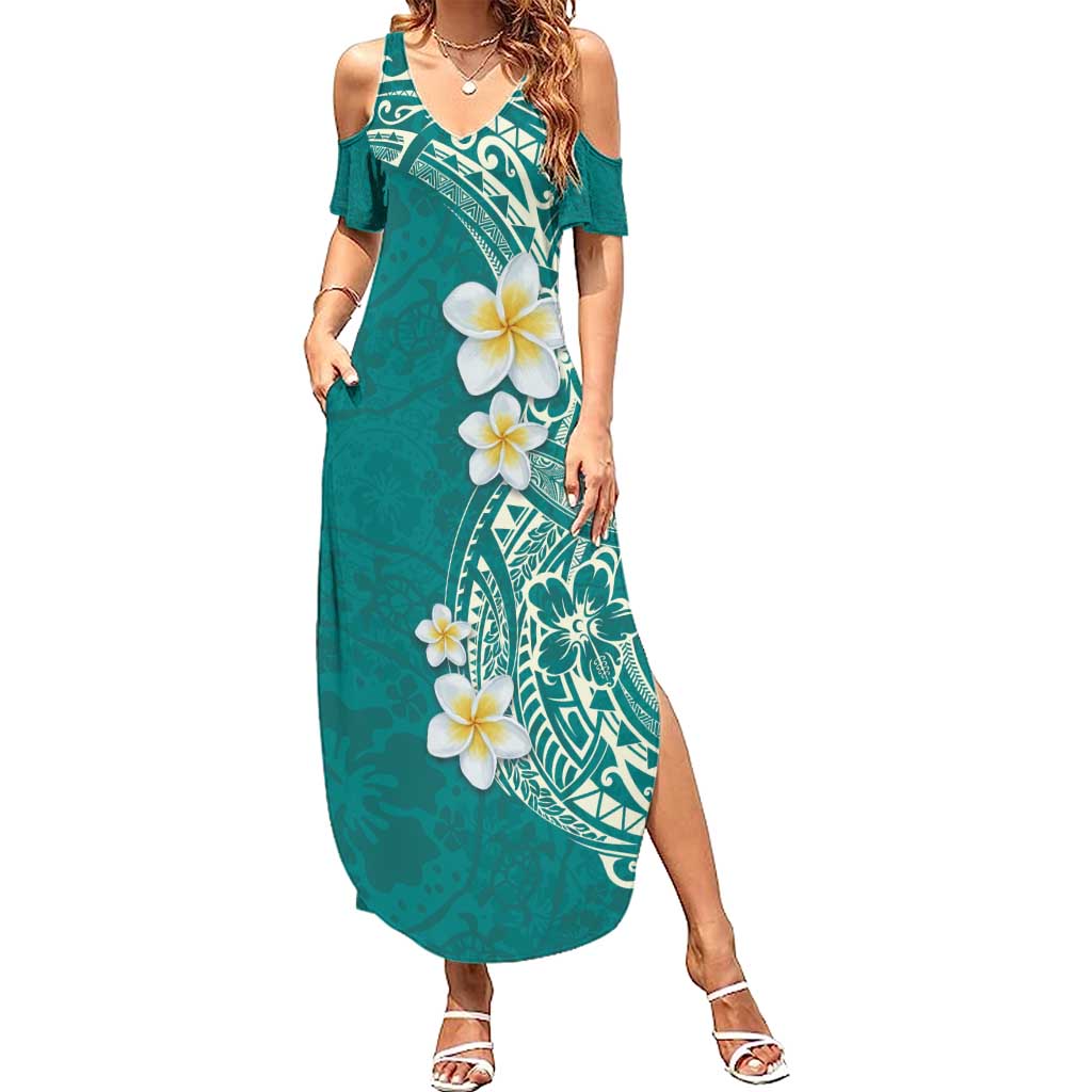 Plumeria Family Matching Summer Maxi Dress and Hawaiian Shirt Polynesian Tribal Frangipani Teal LT03 Mom's Dress Teal - Polynesian Pride