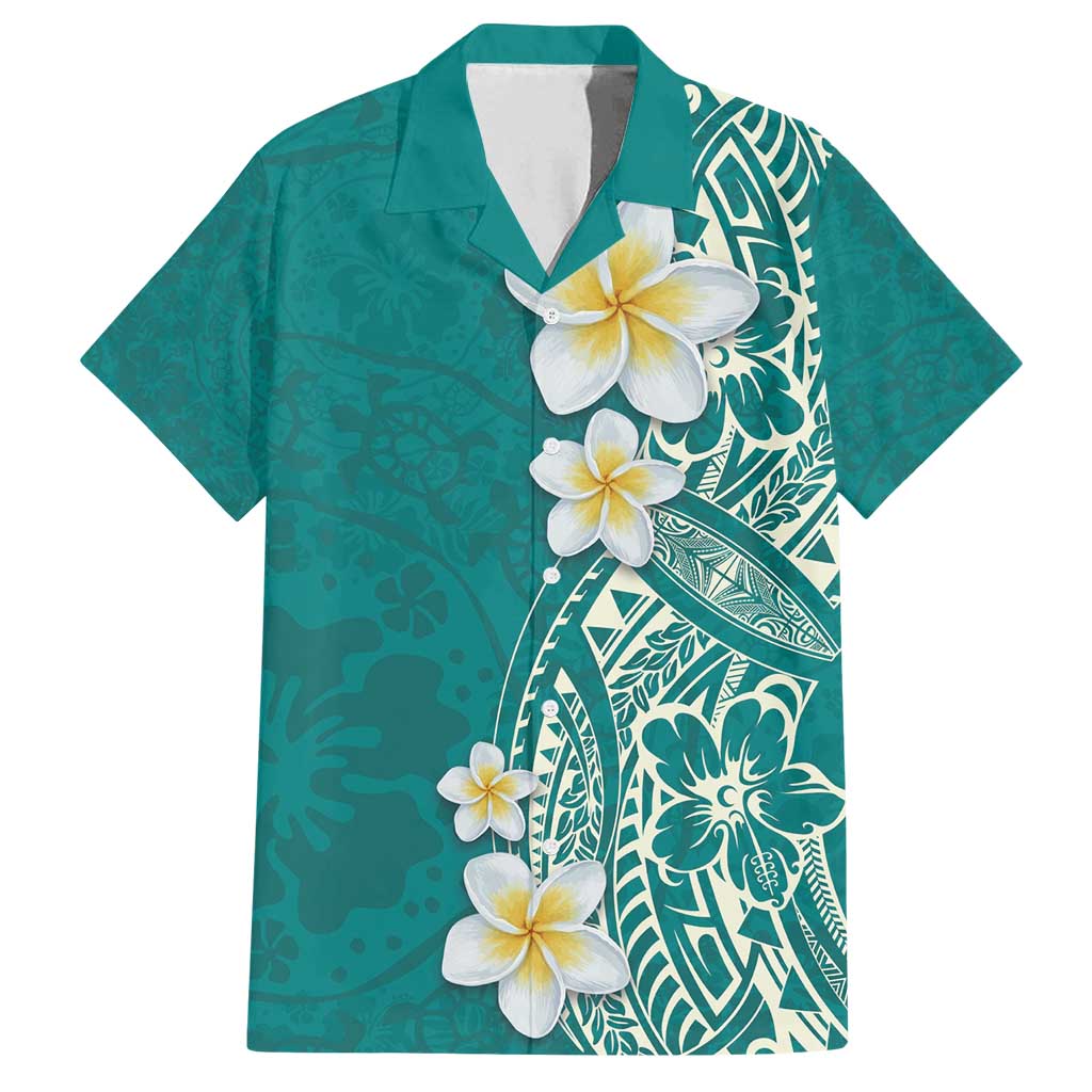 Plumeria Family Matching Tank Maxi Dress and Hawaiian Shirt Polynesian Tribal Frangipani Teal LT03 Dad's Shirt - Short Sleeve Teal - Polynesian Pride