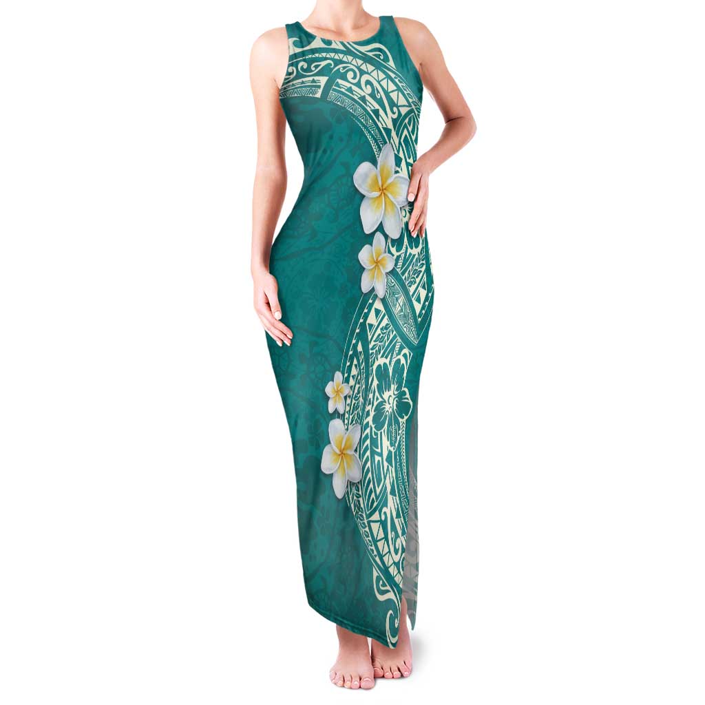 Plumeria Family Matching Tank Maxi Dress and Hawaiian Shirt Polynesian Tribal Frangipani Teal LT03 Mom's Dress Teal - Polynesian Pride