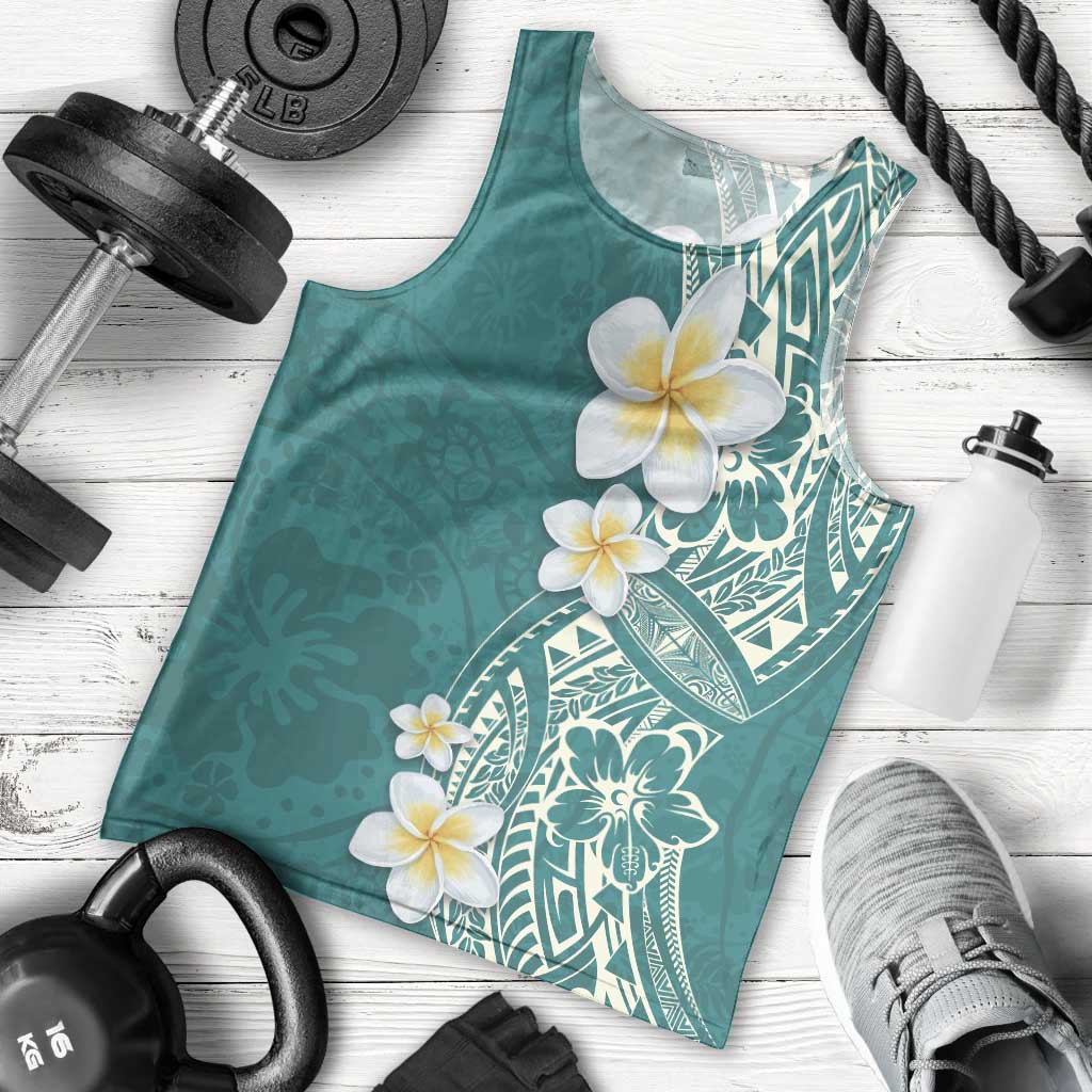 Plumeria Men Tank Top Polynesian Tribal Frangipani Teal
