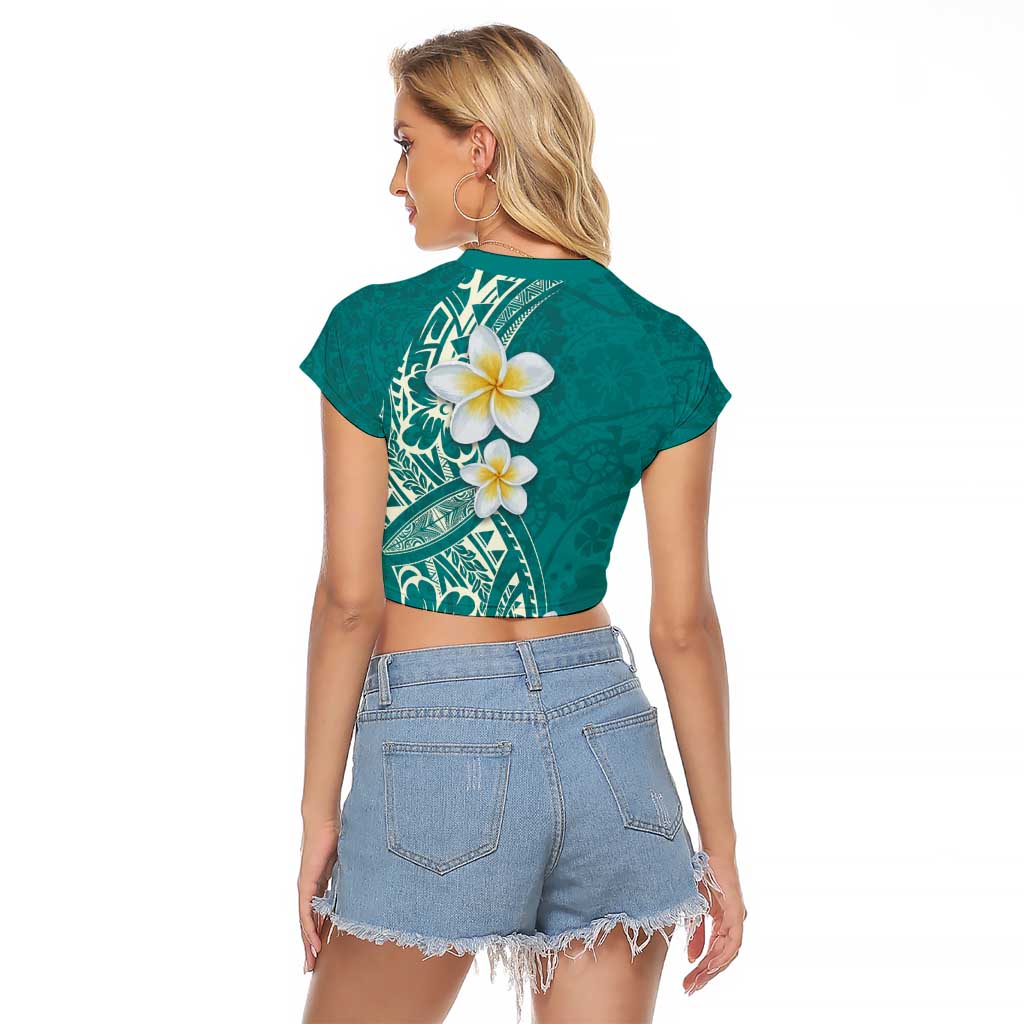 Plumeria Raglan Cropped T Shirt Polynesian Tribal Frangipani Teal