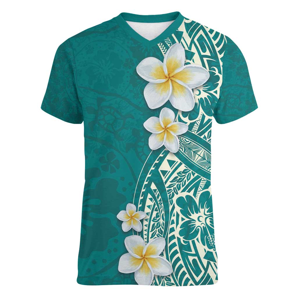 Plumeria Women V-Neck T-Shirt Polynesian Tribal Frangipani Teal