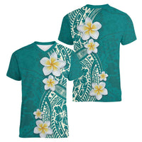 Plumeria Women V-Neck T-Shirt Polynesian Tribal Frangipani Teal