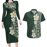 Plumeria Couples Matching Long Sleeve Bodycon Dress and Hawaiian Shirt Polynesian Tribal Frangipani Green LT03 Green - Polynesian Pride