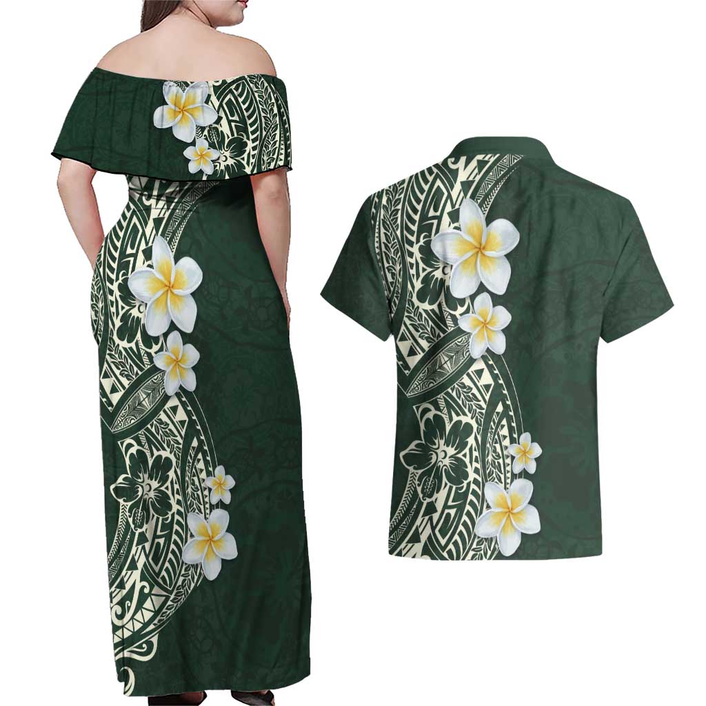 Plumeria Couples Matching Off Shoulder Maxi Dress and Hawaiian Shirt Polynesian Tribal Frangipani Green