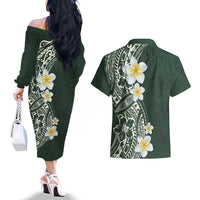 Plumeria Couples Matching Off The Shoulder Long Sleeve Dress and Hawaiian Shirt Polynesian Tribal Frangipani Green LT03 - Polynesian Pride