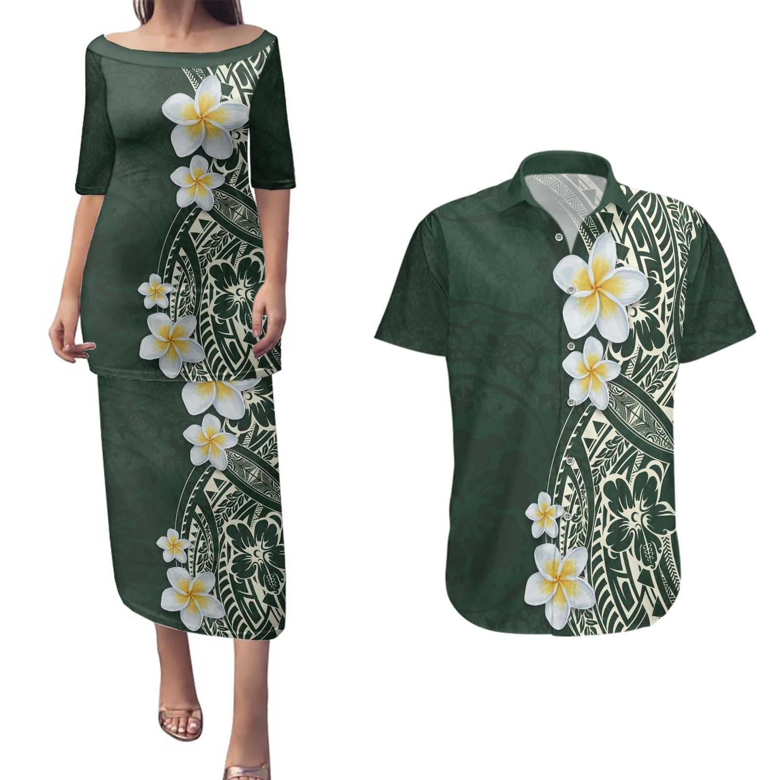 Plumeria Couples Matching Puletasi and Hawaiian Shirt Polynesian Tribal Frangipani Green