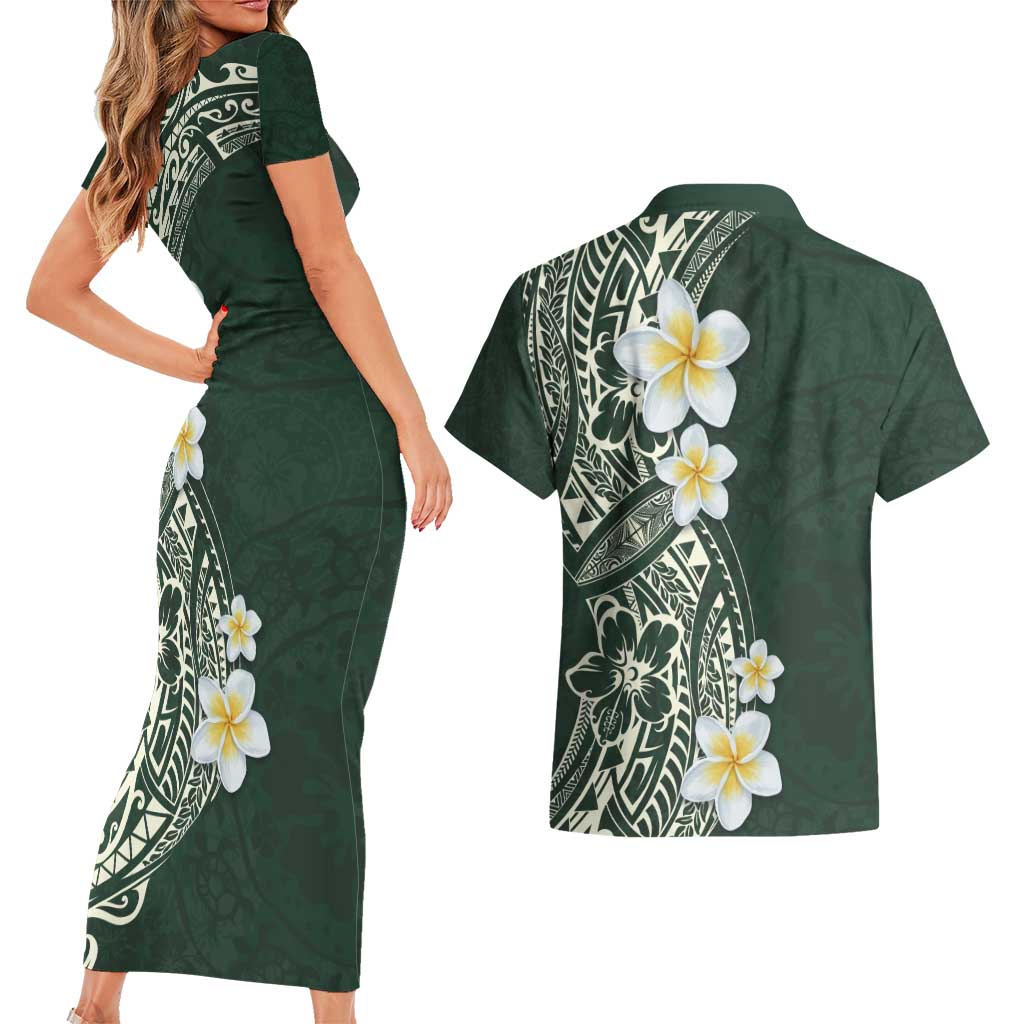 Plumeria Couples Matching Short Sleeve Bodycon Dress and Hawaiian Shirt Polynesian Tribal Frangipani Green LT03 - Polynesian Pride