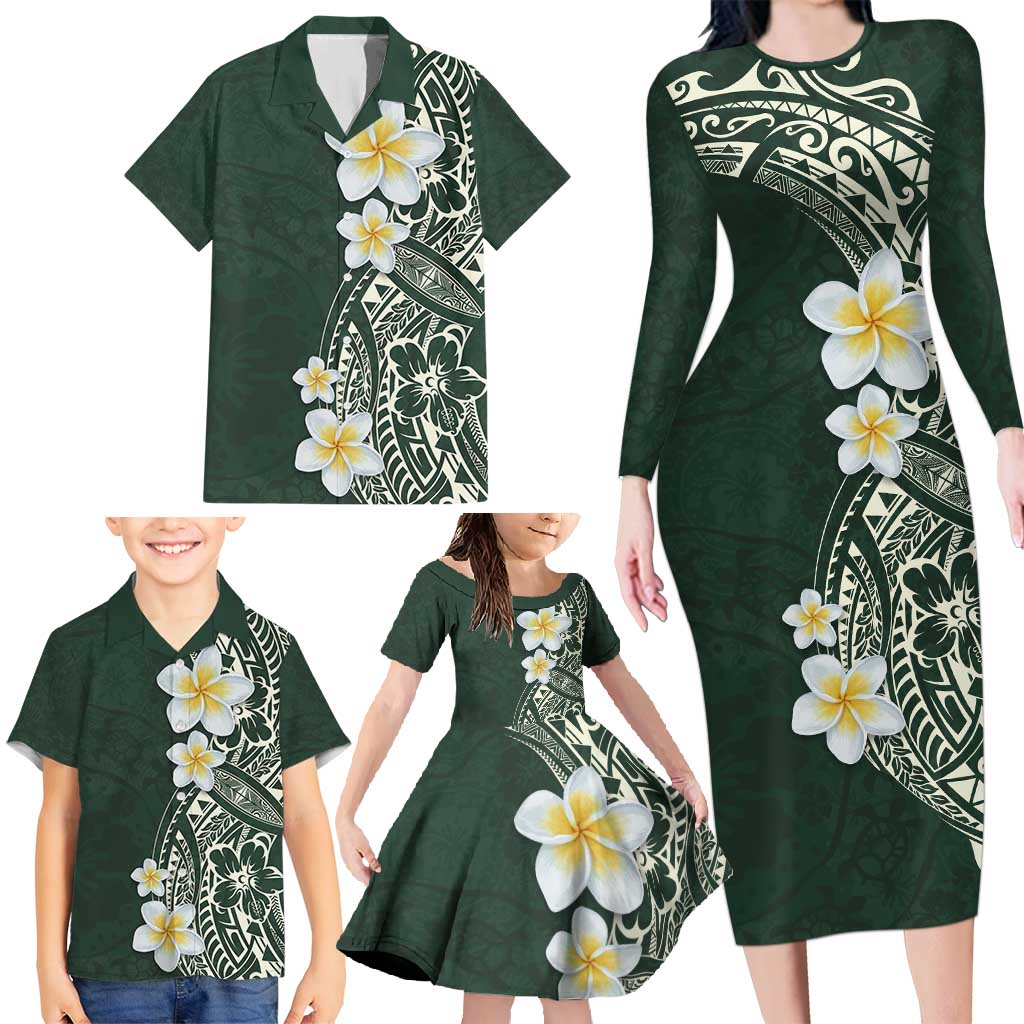 Plumeria Family Matching Long Sleeve Bodycon Dress and Hawaiian Shirt Polynesian Tribal Frangipani Green LT03 - Polynesian Pride