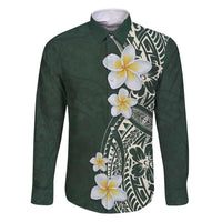 Plumeria Family Matching Long Sleeve Bodycon Dress and Hawaiian Shirt Polynesian Tribal Frangipani Green LT03 Dad's Shirt - Long Sleeve Green - Polynesian Pride