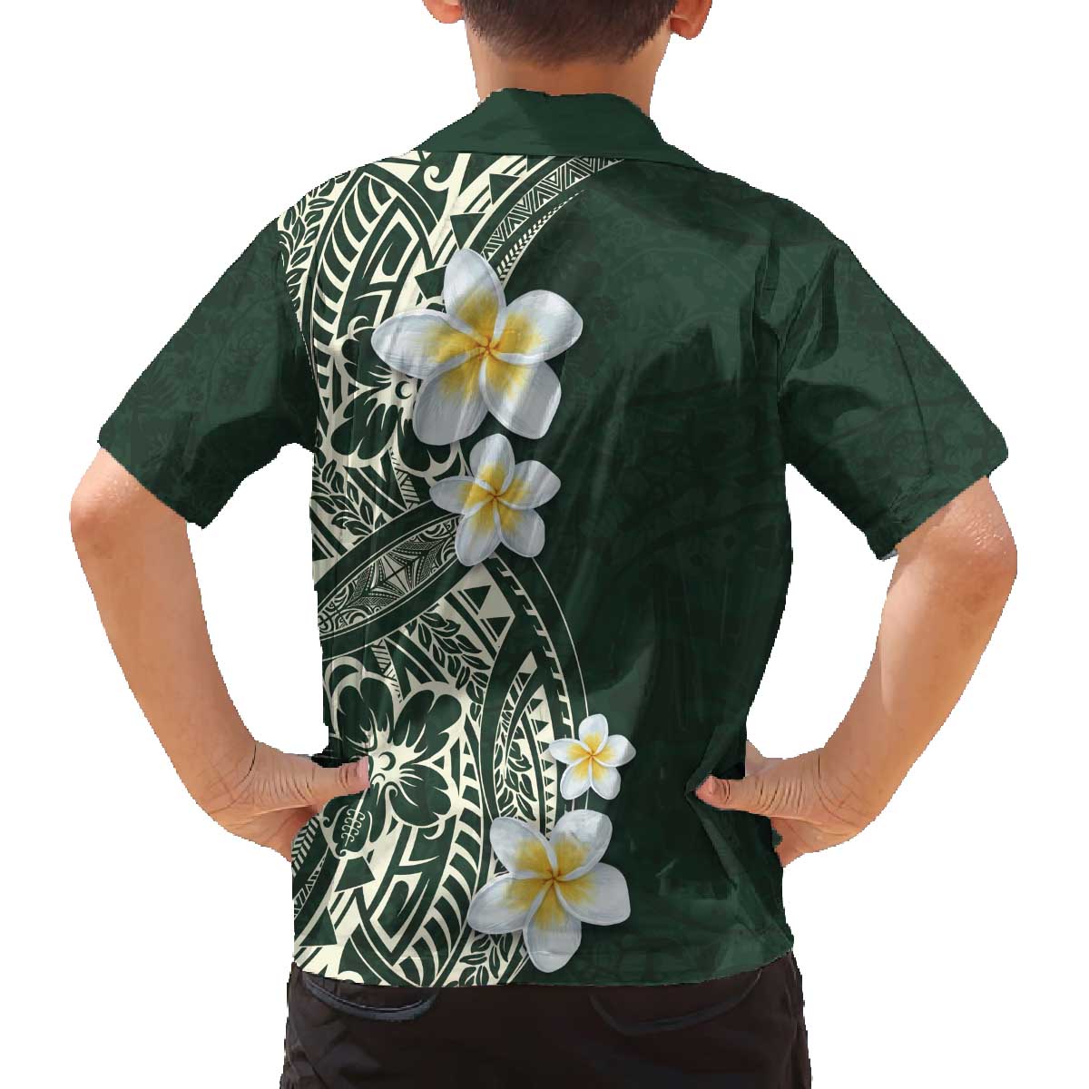 Plumeria Family Matching Off The Shoulder Long Sleeve Dress and Hawaiian Shirt Polynesian Tribal Frangipani Green LT03 - Polynesian Pride
