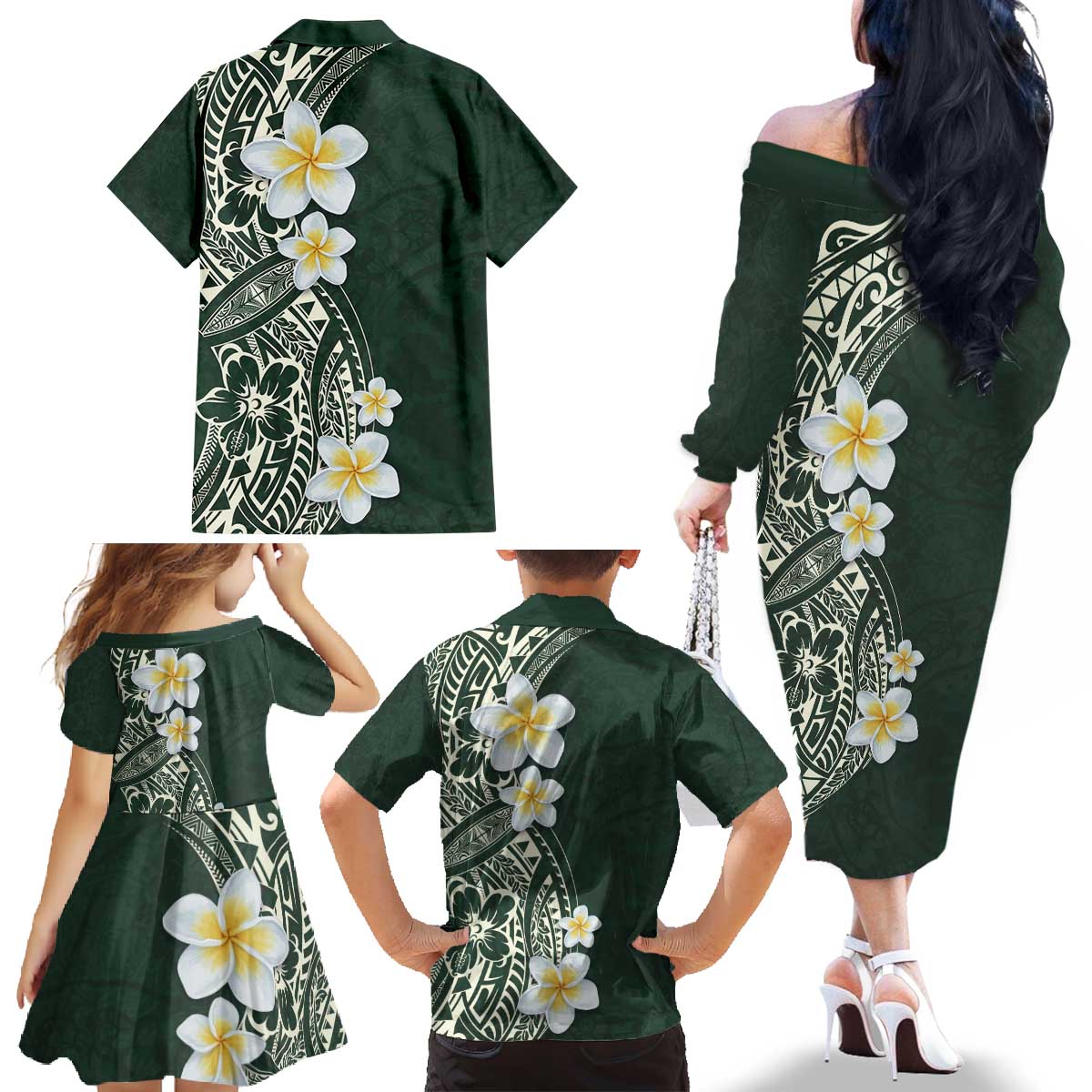 Plumeria Family Matching Off The Shoulder Long Sleeve Dress and Hawaiian Shirt Polynesian Tribal Frangipani Green LT03 - Polynesian Pride