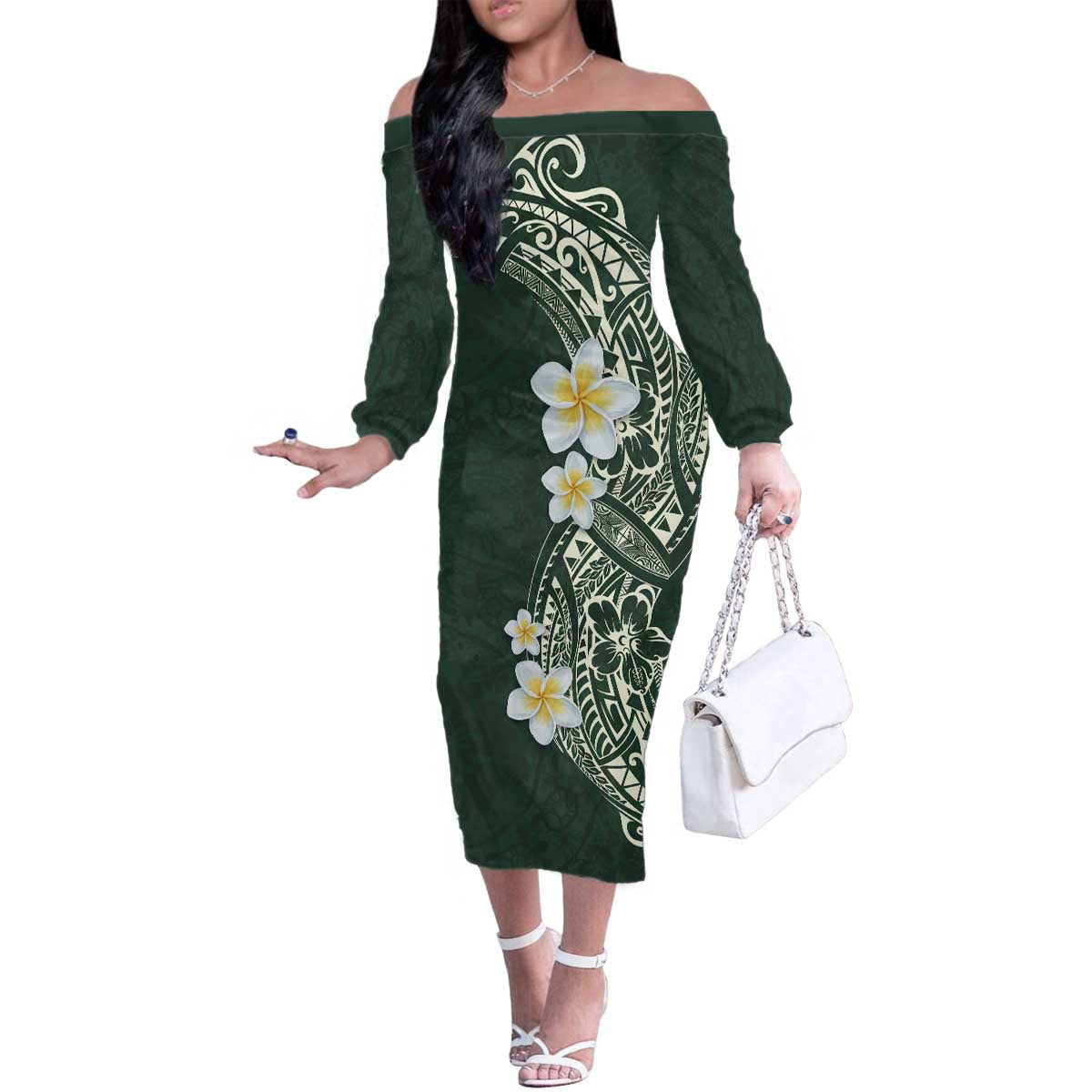 Plumeria Family Matching Off The Shoulder Long Sleeve Dress and Hawaiian Shirt Polynesian Tribal Frangipani Green LT03 Mom's Dress Green - Polynesian Pride