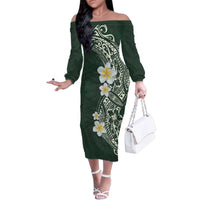 Plumeria Family Matching Off The Shoulder Long Sleeve Dress and Hawaiian Shirt Polynesian Tribal Frangipani Green LT03 Mom's Dress Green - Polynesian Pride