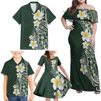 Plumeria Family Matching Off Shoulder Maxi Dress and Hawaiian Shirt Polynesian Tribal Frangipani Green LT03 - Polynesian Pride