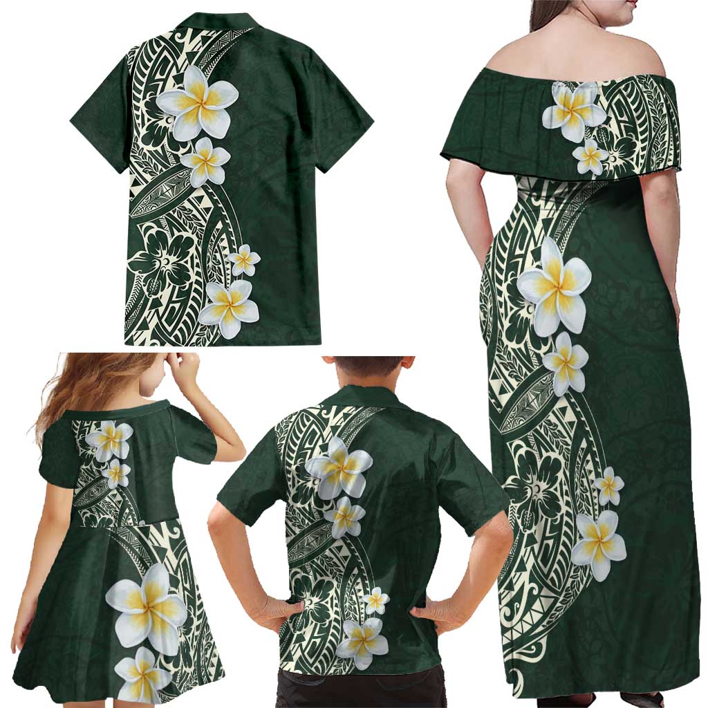Plumeria Family Matching Off Shoulder Maxi Dress and Hawaiian Shirt Polynesian Tribal Frangipani Green LT03 - Polynesian Pride