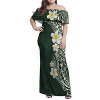 Plumeria Family Matching Off Shoulder Maxi Dress and Hawaiian Shirt Polynesian Tribal Frangipani Green LT03 Mom's Dress Green - Polynesian Pride