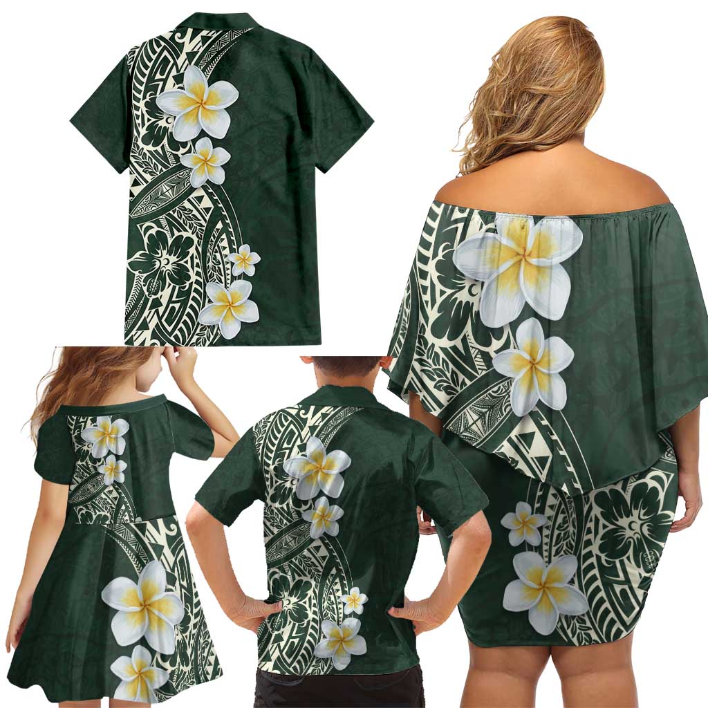 Plumeria Family Matching Off Shoulder Short Dress and Hawaiian Shirt Polynesian Tribal Frangipani Green LT03 - Polynesian Pride
