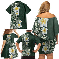 Plumeria Family Matching Off Shoulder Short Dress and Hawaiian Shirt Polynesian Tribal Frangipani Green LT03 - Polynesian Pride