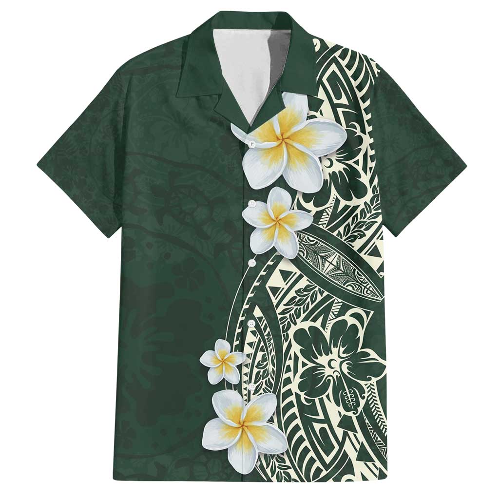 Plumeria Family Matching Puletasi and Hawaiian Shirt Polynesian Tribal Frangipani Green LT03 Dad's Shirt - Short Sleeve Green - Polynesian Pride