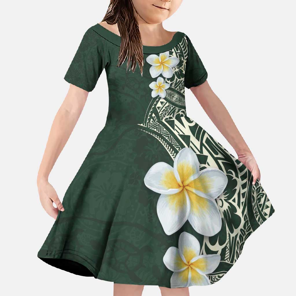 Plumeria Family Matching Short Sleeve Bodycon Dress and Hawaiian Shirt Polynesian Tribal Frangipani Green LT03 Daughter's Dress Green - Polynesian Pride